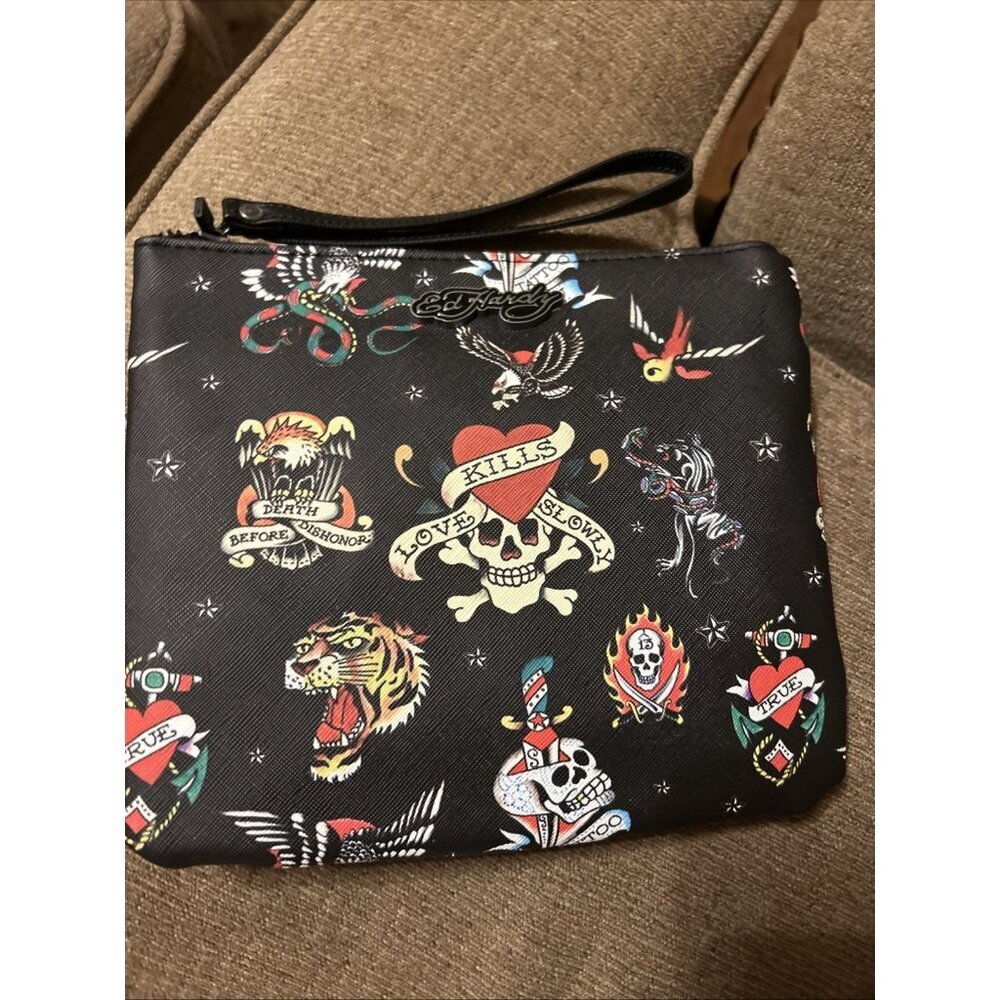 Ed Hardy Cosmetic Makeup Purse Wristlet Bag Love Kills Slowly Tattoo